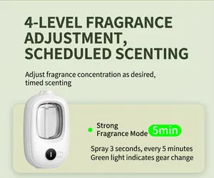Detailed specifications of the automatic aromatherapy machine showing timing and spray settings