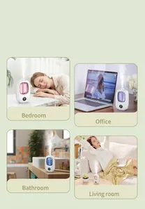 Automatic aromatherapy diffuser shown in bedroom, office, bathroom, and living room scenarios