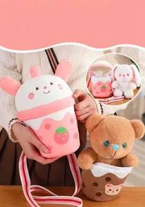 Detailed view of cute milk tea plush crossbody bag with detachable rabbit doll