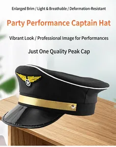 Classic black pilot captain hat with gold band and embroidered star emblem for party costumes