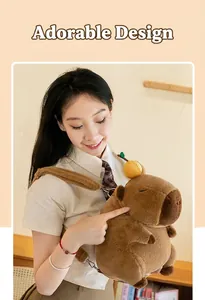 Detailed view of the Capybara plush backpack carried by a model in a warm setting.