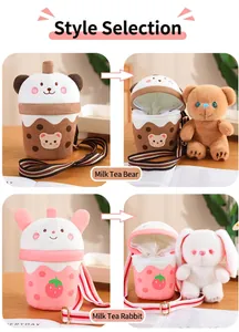 Close-up detail of plush bubble tea crossbody bags featuring detachable bear and rabbit toys