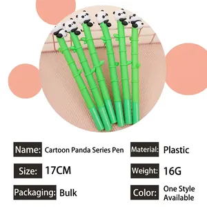 Detailed product view of green bamboo-shaped panda gel pens including size and weight