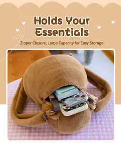 Detail view of brown Capybara plush backpack showing spacious capacity for daily items