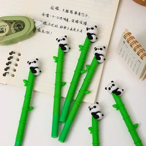 Cute panda bamboo gel pen set with soft rubber panda topper for students and office use
