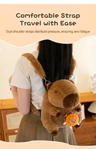 Back view of a person wearing a soft brown plush capybara backpack with thick comfortable straps