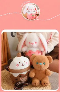 Detail view of cute plush animal backpacks with soft filling in various styles