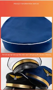 Close-up detail of embroidered pilot wing logo and gold trim on navy captain hats