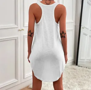 Detailed back view of a white sleeveless racerback tank dress featuring a curved hem