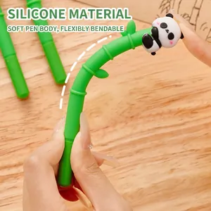 Flexible silicone panda bamboo shaped gel pen being bent to demonstrate durability and soft material