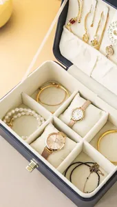 Detailed view of luxury jewelry box interior with watch and necklace storage slots