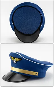Detailed view of blue pilot captain hat with gold trim and embroidered wing star emblem