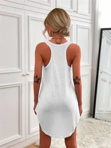 Back view of a stylish white racerback sleeveless long tank top dress with U-neck
