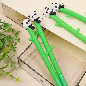 Close-up of cute panda bamboo shaped gel pens with soft rubber finish and green leaf decorations