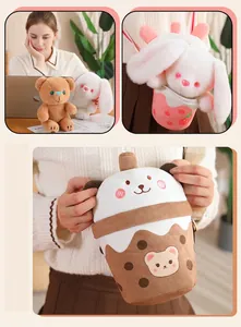 Detailed macro view of cute boba tea plush bag with soft texture for girls gift idea