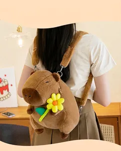 Back view of a creative capybara plush backpack with yellow flower detail on model