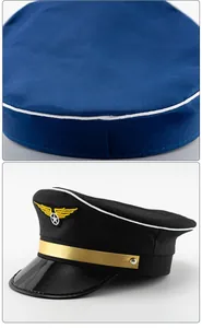 Close-up detail of a professional blue and black pilot captain hat for costume parties.