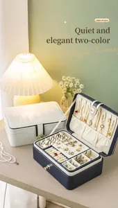 Luxury multi-layer jewelry box with compartments for earrings and necklaces in navy blue.