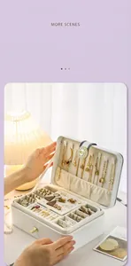 Detailed interior of multi-layer white leather jewelry box with organized storage