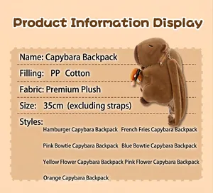 Product specification details for the cute brown capybara plush backpack with 35cm height.