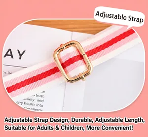 Close-up of the pink striped adjustable shoulder strap with a gold metal buckle.