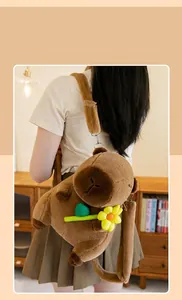 Detailed view of cute brown capybara plush backpack worn by model in cozy home setting