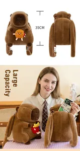 Detailed view of brown capybara plush backpack with 35cm height dimension
