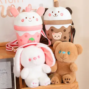 Cute Milk Tea Cup Plush Toy Crossbody Bag Detachable Bear Rabbit Stuffed Animal Doll For Girls Kids Birthday Gift