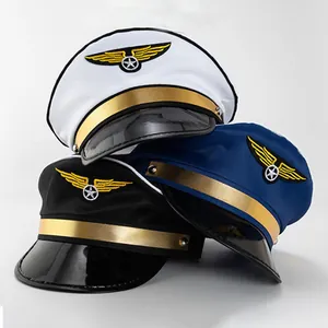 Professional adult pilot captain hats in white black and blue for uniform party costumes
