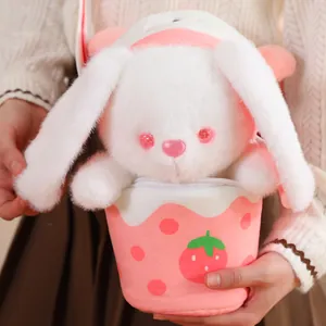 Cute white plush bunny toy in pink strawberry crossbody bag for girls birthday gift