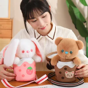 Cute plush bear and rabbit backpack toys with soft fur and adjustable straps for girls.