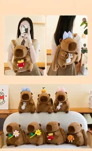 Cute plush Capybara backpack with various decorative accessories and charms for students.