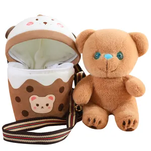 Cute plush brown bear with a creative milk tea cup shaped crossbody bag for girls