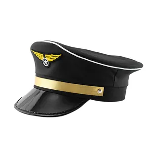 Classic black pilot captain hat with gold band and winged star emblem for costume parties