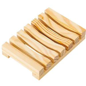 Detailed macro view of the natural wood grain and drainage slats on a soap holder
