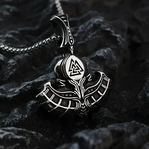 Vintage stainless steel Viking Thor's hammer necklace with Valknut symbol engraving.