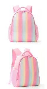 Detail of pink rainbow sequin backpack showing mesh side pockets.