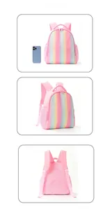 Lightweight pink rainbow gradient backpack for kids shown in multiple views detail
