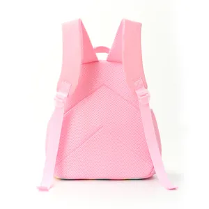 Lightweight pink children's backpack with breathable mesh back and rainbow detail