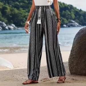Pantaloni casual a gamba larga da donna con stampa geometrica e coulisse in spiaggia