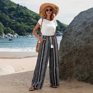 Pantaloni larghi chic da donna con stampa geometrica per le vacanze estive al mare