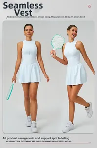 Model wearing a light blue tennis dress with stand collar and pleated A-line skirt