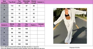 Size chart and detail view of women's loose long-sleeved shirt and pants casual set