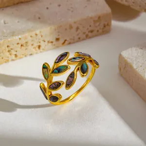 Vintage gold leaf open ring with colorful abalone shell inlay for women's jewelry