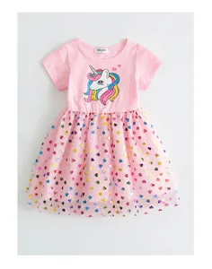 Pink girls unicorn princess dress with rainbow heart sequin tutu skirt details