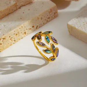 Vintage gold-plated enamel leaf open ring with colorful abalone shell inlays for women
