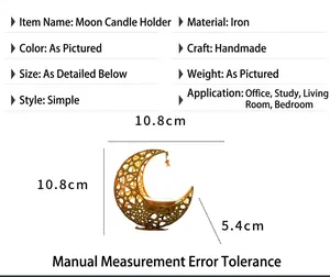 Detailed specification view of the gold hollow-out moon candle holder with dimension markings.