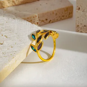 Elegant vintage gold leaf open ring featuring colorful enamel inlay for women jewelry