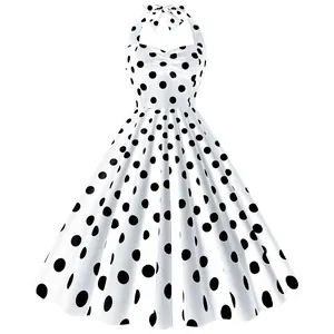 Abito vintage bianco a pois neri con scollo all'americana e gonna ampia