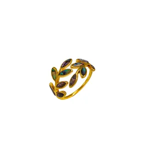 Vintage enamel leaf open ring with colorful inlay in gold-plated finish for women